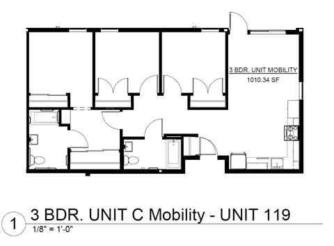 Floor plan for 3 beds, 2 baths, 1010 sqft